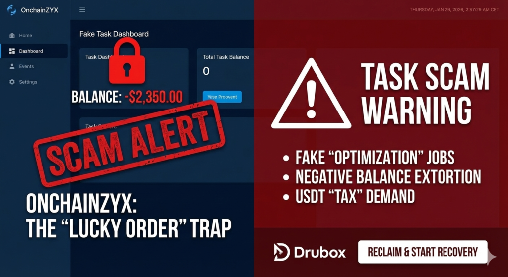 OnchainZYX scam website warning showing fake task commissions and negative balance alert.