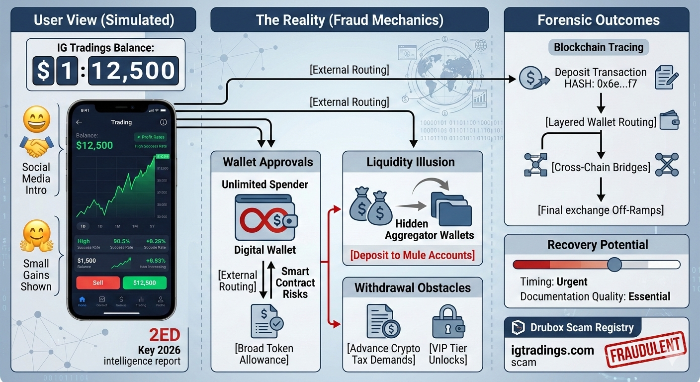 Forensic analysis diagram explaining igtradings.com review findings