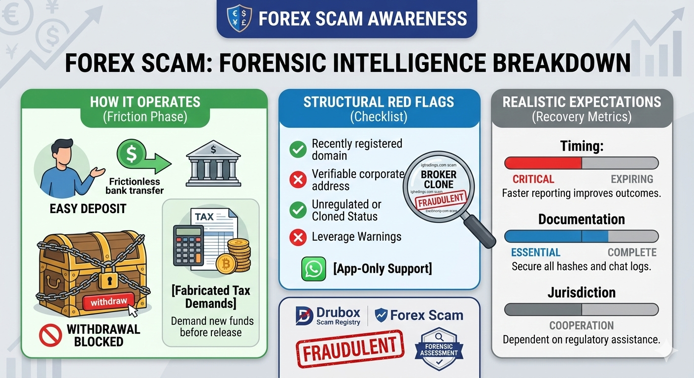 Forensic diagram explaining forex scam withdrawal restriction and tax demand patterns