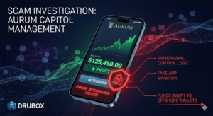 Forensic blockchain tracing diagram exposing the fake app mechanics and fabricated documentation of an Aurum Capitol Management scam