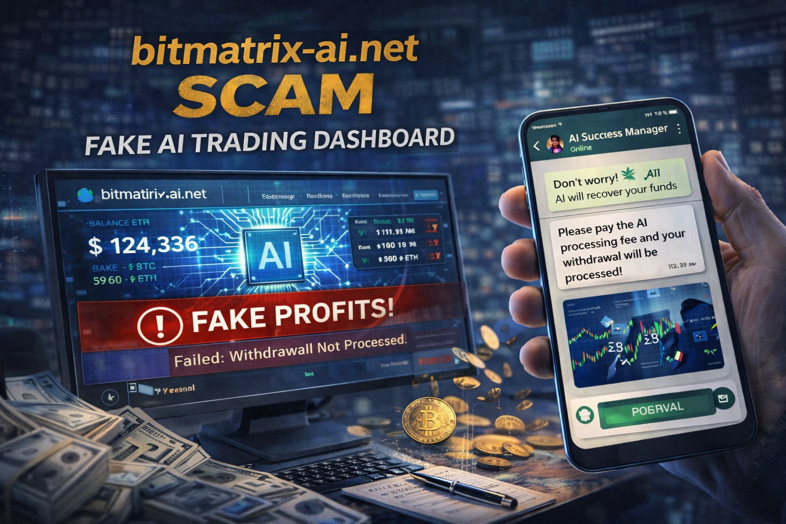 Forensic blockchain tracing diagram exposing the algorithmic trading extortion mechanics of the bitmatrix-ai.net scam