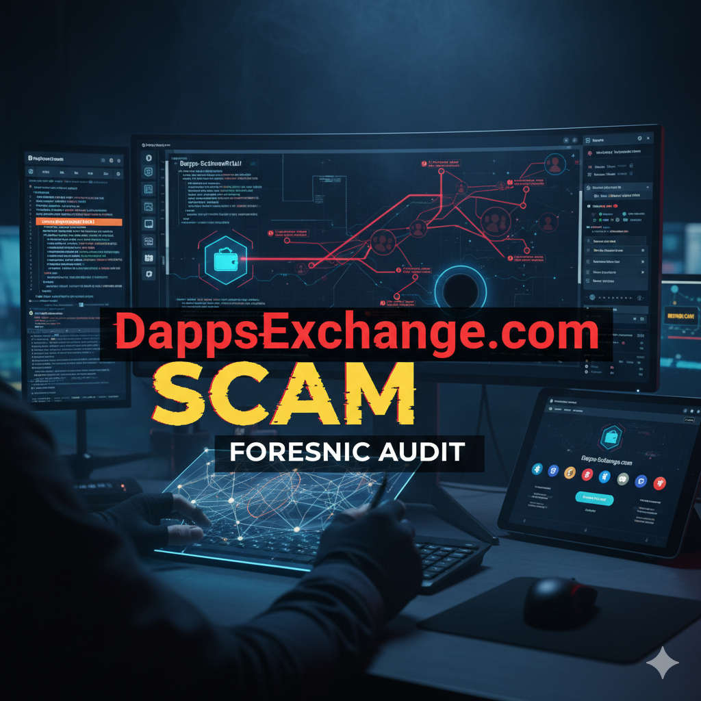 Dapps-exchange.com Scam Recovery: Unmasked Web3 dApp Fraud 7 Forensic blockchain tracing diagram exposing the malicious smart contract mechanics and node synchronization extortion of a dapps-exchange.com scam