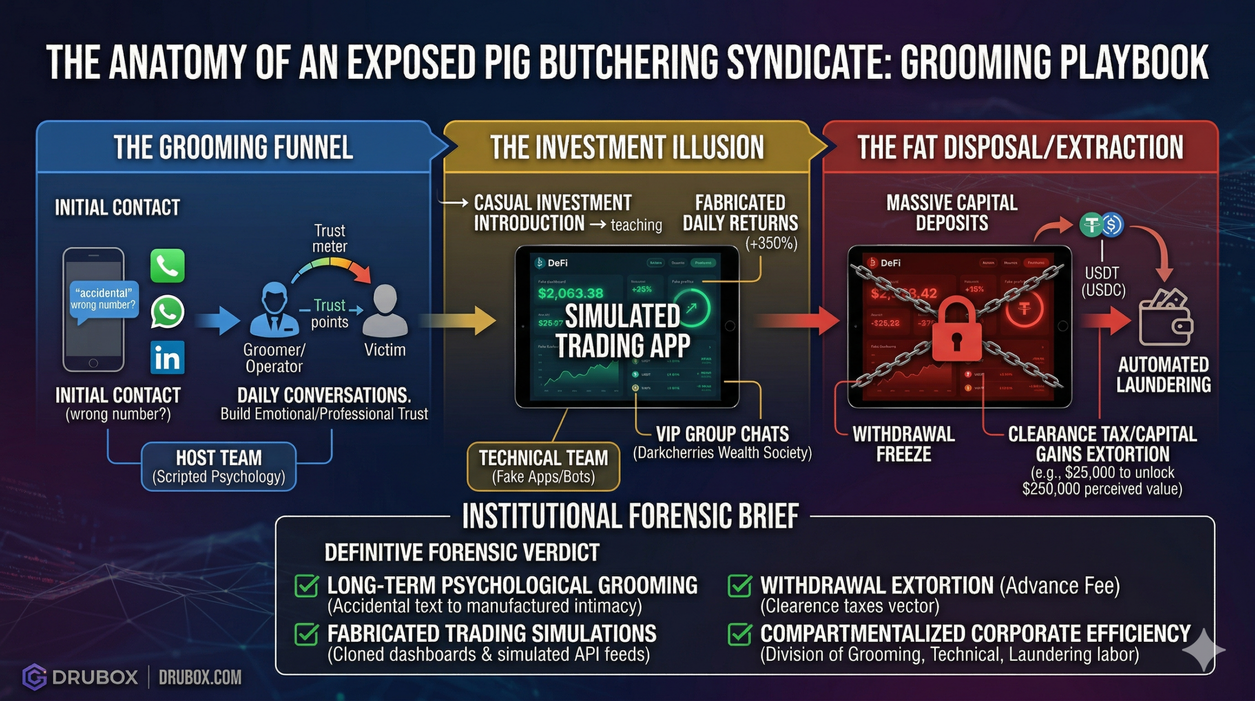 Diagram detailing the psychological grooming funnel, simulated trading applications, and asset extraction tactics utilized by a pig butchering syndicate.