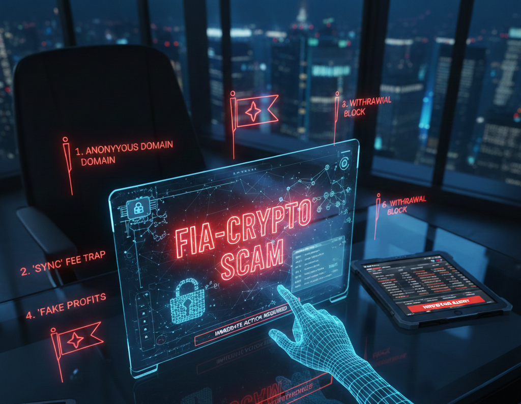 Forensic blockchain tracing diagram exposing the secondary recovery extortion mechanics of an fia crypto scam investigation