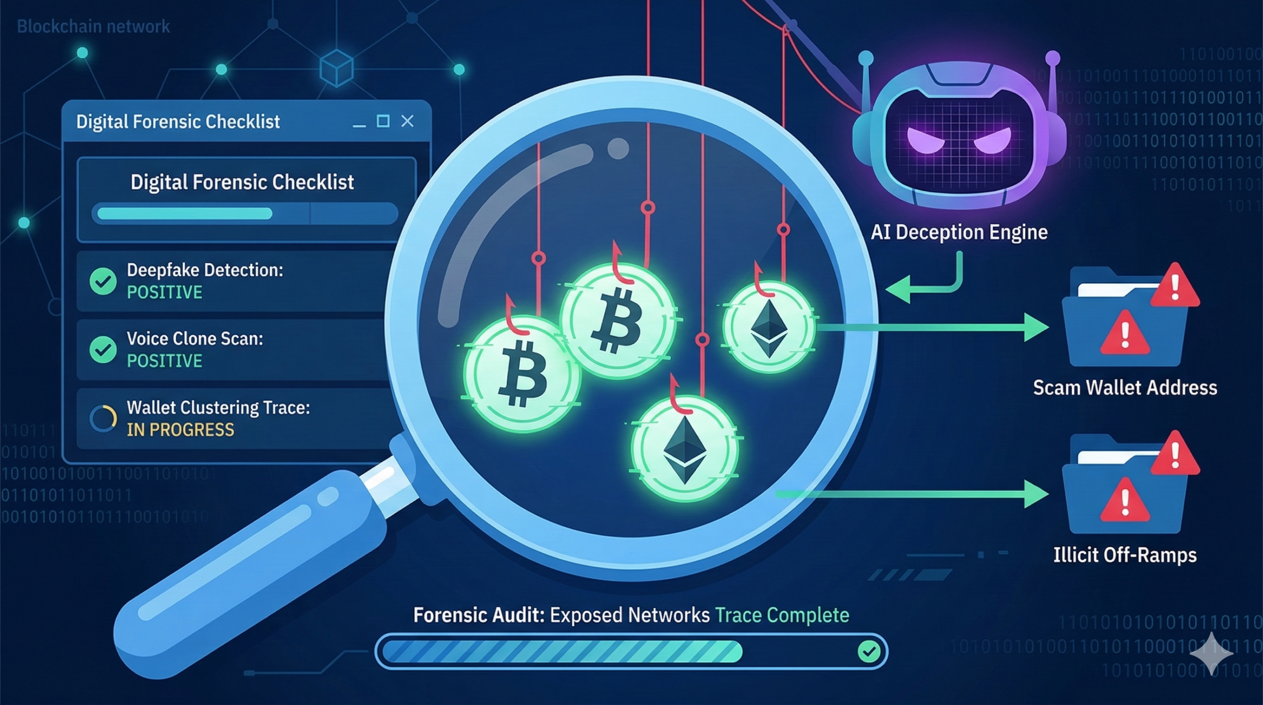 Ai Crypto Phishing Recovery Forensic Audit: Exposed Scam Networks 10 Forensic blockchain tracing diagram exposing the deepfake technology and automated extortion mechanics of an ai crypto phishing network