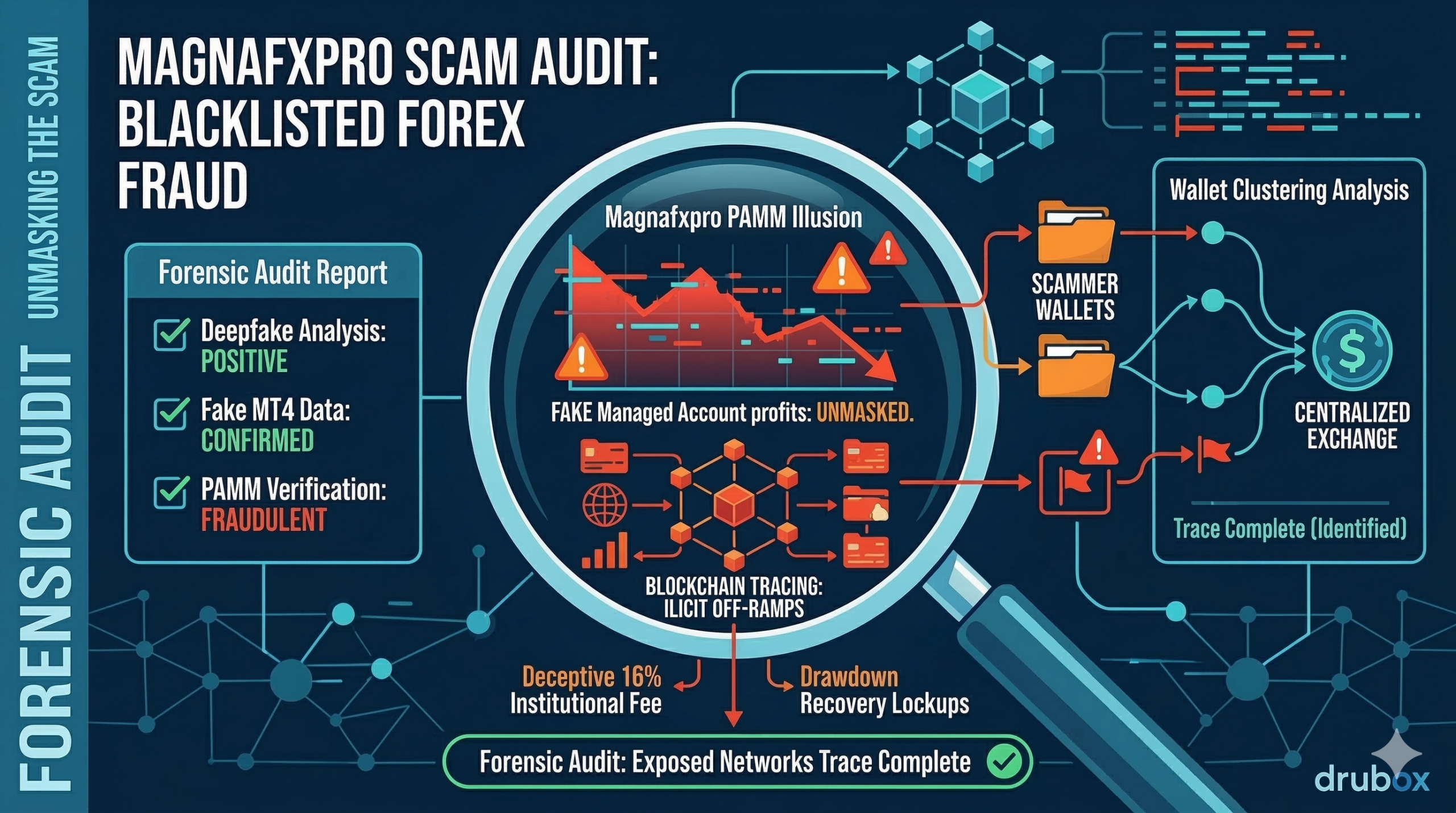 Magnafxpro Scam Audit: Blacklisted Managed Forex Fraud 7 Forensic blockchain tracing diagram exposing the fake PAMM accounts and performance fee extortion mechanics of a magnafxpro scam audit