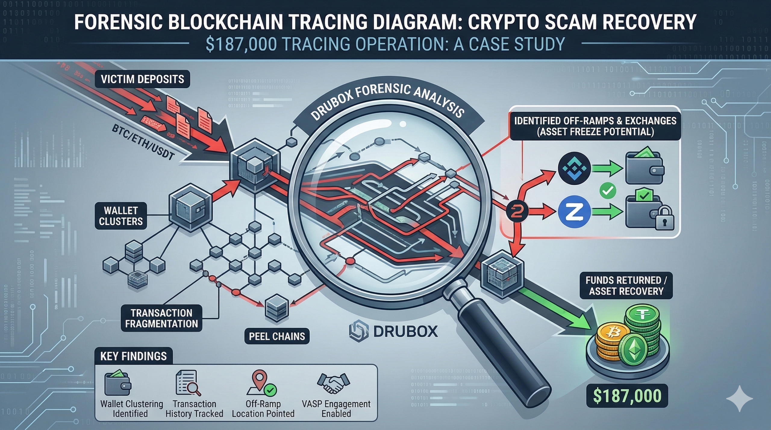 Crypto Scam Recovery Case Study: The $187,000 Forensic Tracing Operation 2 Forensic blockchain tracing diagram illustrating a crypto scam recovery case study