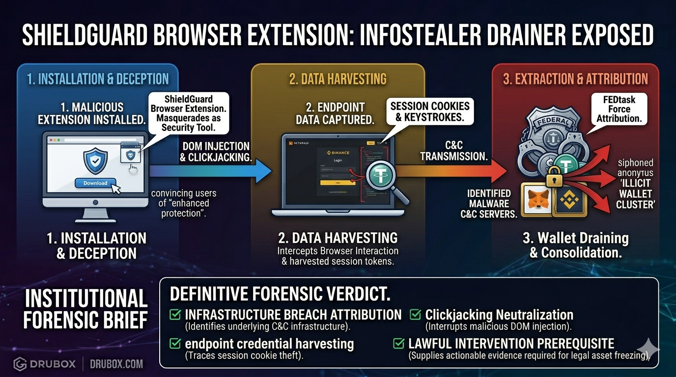 Forensic flow diagram illustrating how the ShieldGuard browser extension intercepts cryptocurrency wallet transactions and harvests session data via clickjacking.