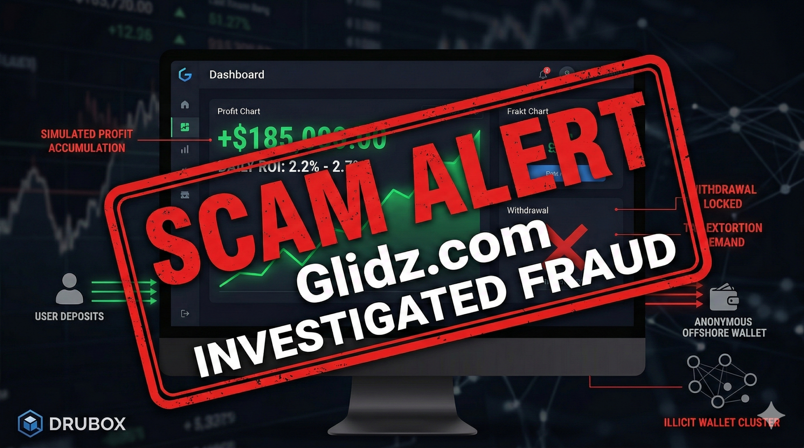 Forensic blockchain tracing diagram exposing the fabricated high-yield algorithmic trading simulation and capital gains tax extortion logic of a Glidz scam