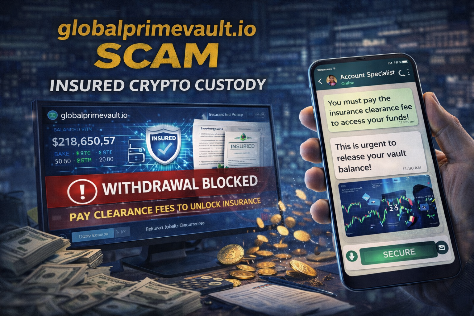 Globalprimevault.io Scam: Exposed Institutional Vault Fraud 2 Forensic blockchain tracing diagram exposing the 12% insurance extortion mechanics of the globalprimevault.io scam