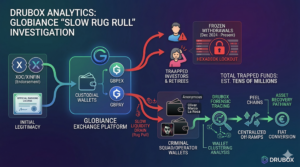 Forensic blockchain tracing diagram exposing the token manipulation, withdrawal freezes, and liquidity drain of a Globiance scam