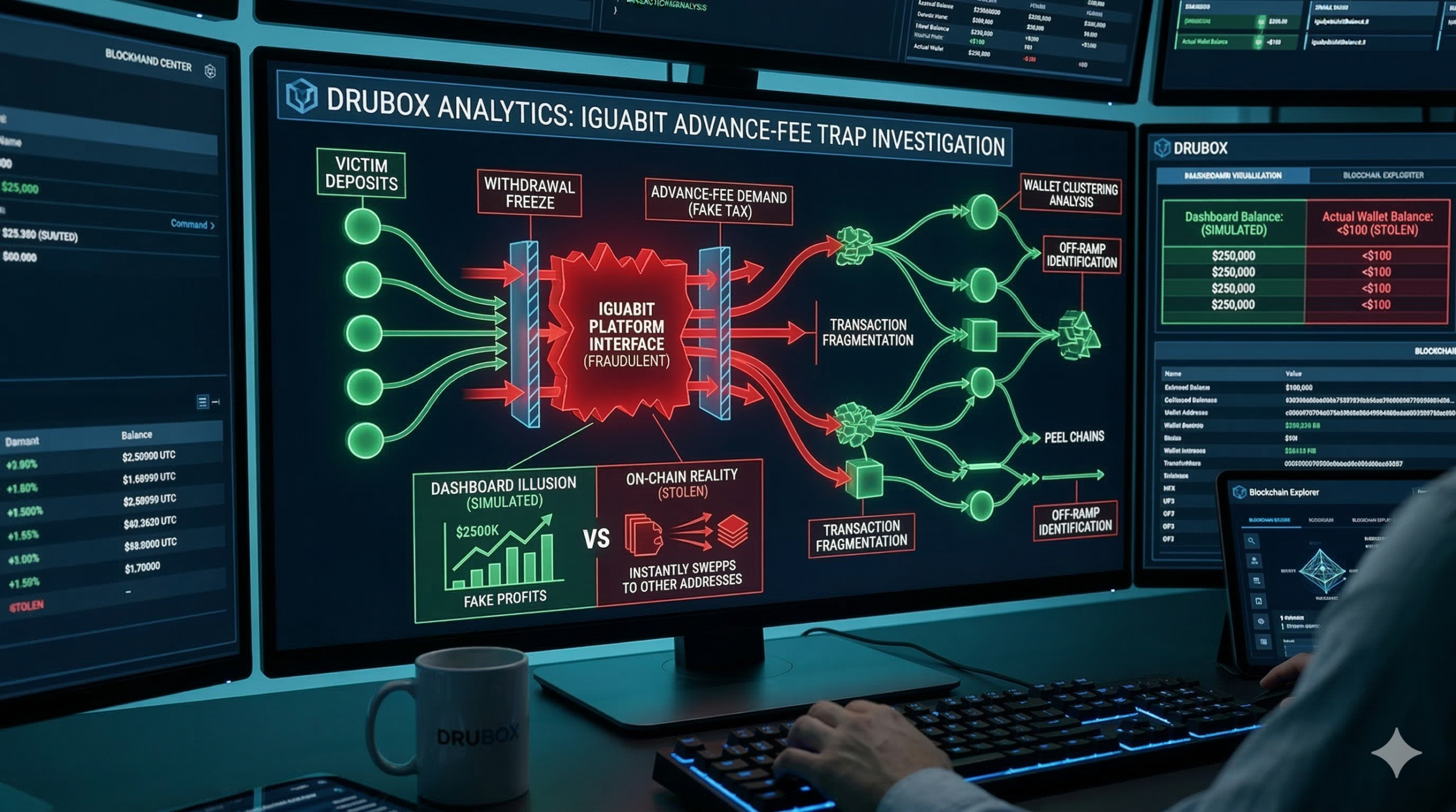 Forensic blockchain tracing diagram exposing the dashboard manipulation and withdrawal restriction logic of an Iguabit scam