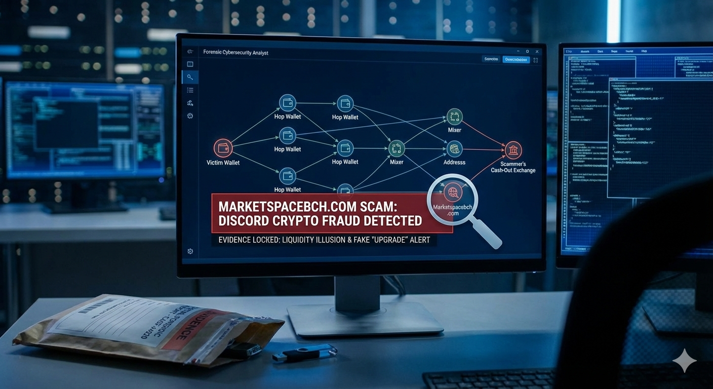 Marketspacebch.com Scam: Unmasked P2P Marketplace Fraud 8 Forensic blockchain tracing diagram exposing the fake e-commerce listings and merchant escrow tax extortion mechanics of a marketspacebch.com scam