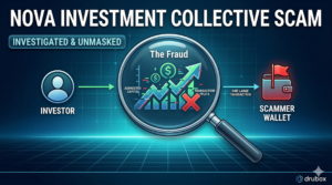 Forensic blockchain tracing diagram exposing the fake AI trading bots and system transition tax extortion mechanics of a nova investment collective scam