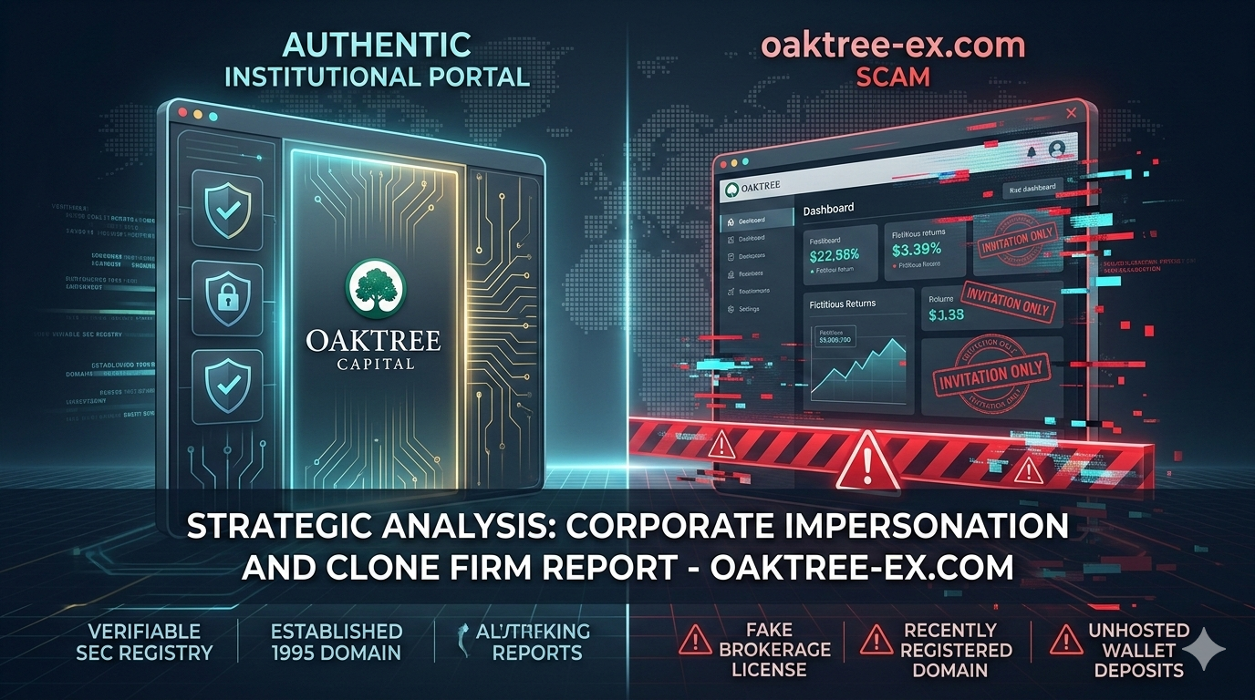 Strategic Analysis: The Oaktree-ex.com scam and Institutional Impersonation 2 A technical comparison of the Oaktree-ex.com scam's fraudulent digital infrastructure vs the authentic institutional portal of Oaktree Capital.