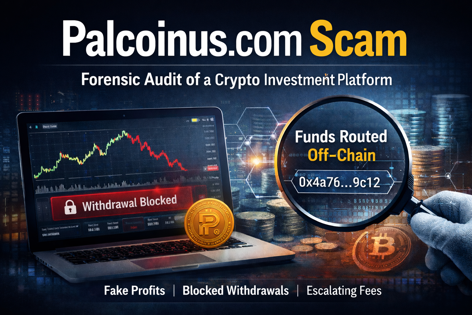 Forensic blockchain tracing diagram exposing the fake hashrate yields and maintenance tax extortion mechanics of a palcoinus.com scam review