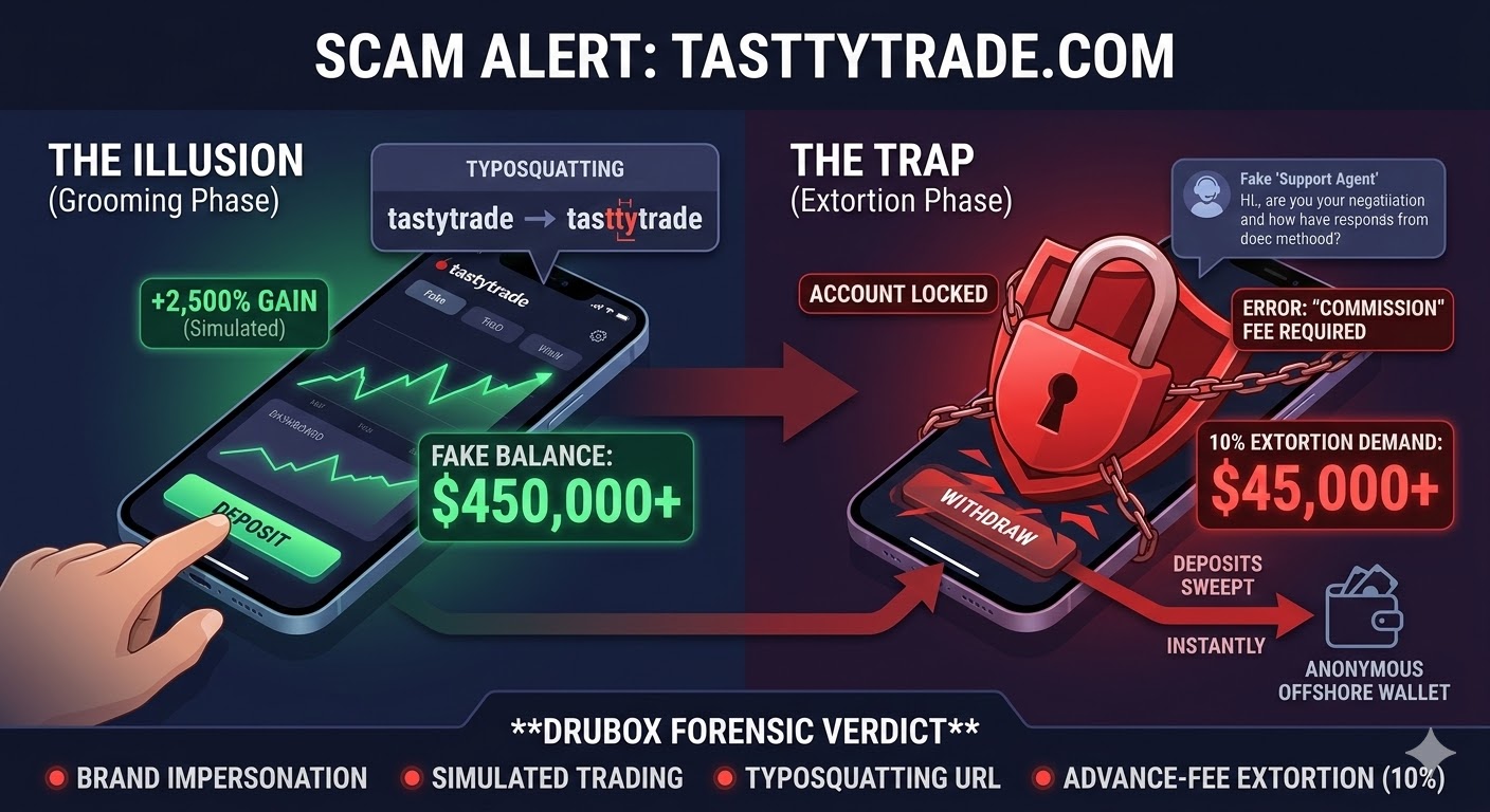 Forensic blockchain tracing diagram exposing the typosquatting domain and 10% advance-fee extortion logic of a Tasttytrade.com scam
