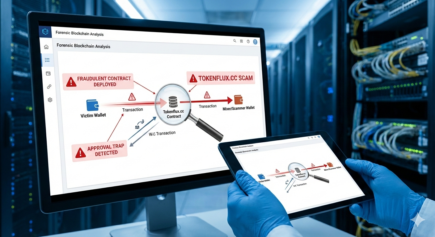 Tokenflux.cc Scam: Decoded Cross-Chain Bridge Fraud 10 Forensic blockchain tracing diagram exposing the fake cross-chain bridge execution and liquidity routing tax extortion mechanics of a tokenflux.cc scam
