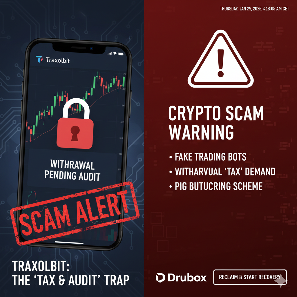 Traxolbit Scam: Forensic Analysis of Account Freeze Mechanics 8 A technical diagram illustrating the Traxolbit scam account freeze mechanics and withdrawal gates.