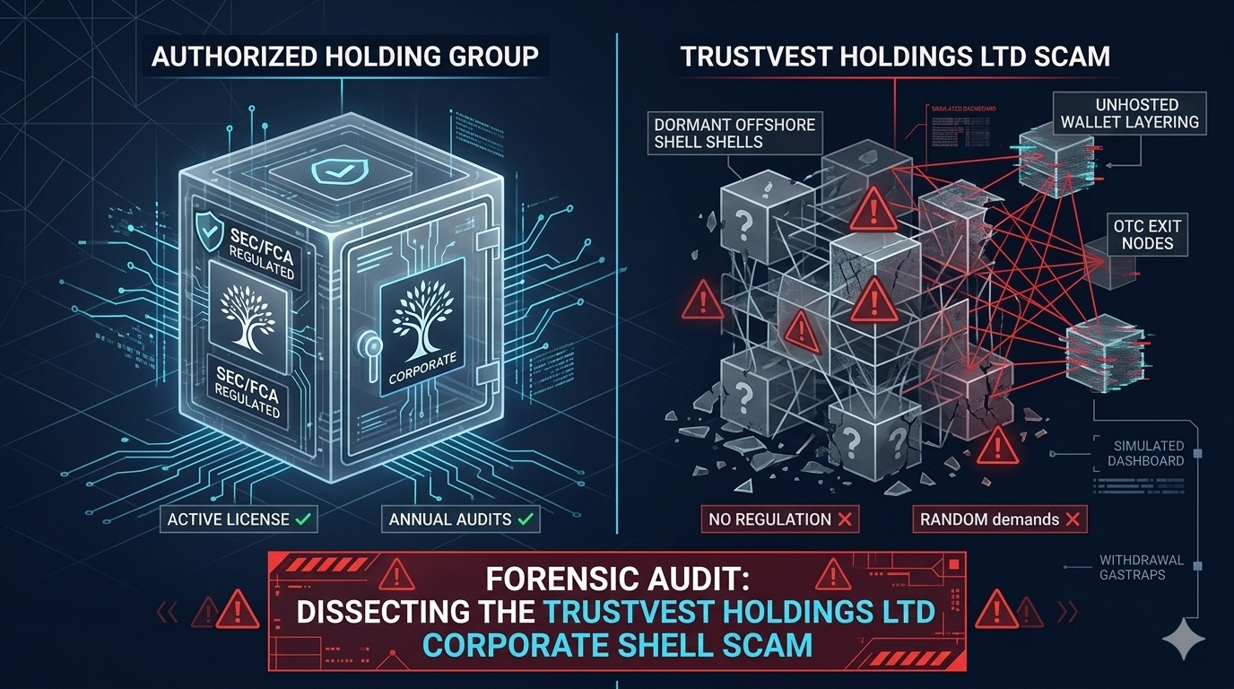 Forensic Audit: Dissecting the Trustvest Holdings Ltd Corporate Shell 6 A forensic diagram illustrating how the Trustvest holdings Ltd scam uses dormant shell entities to create a facade of institutional legitimacy.