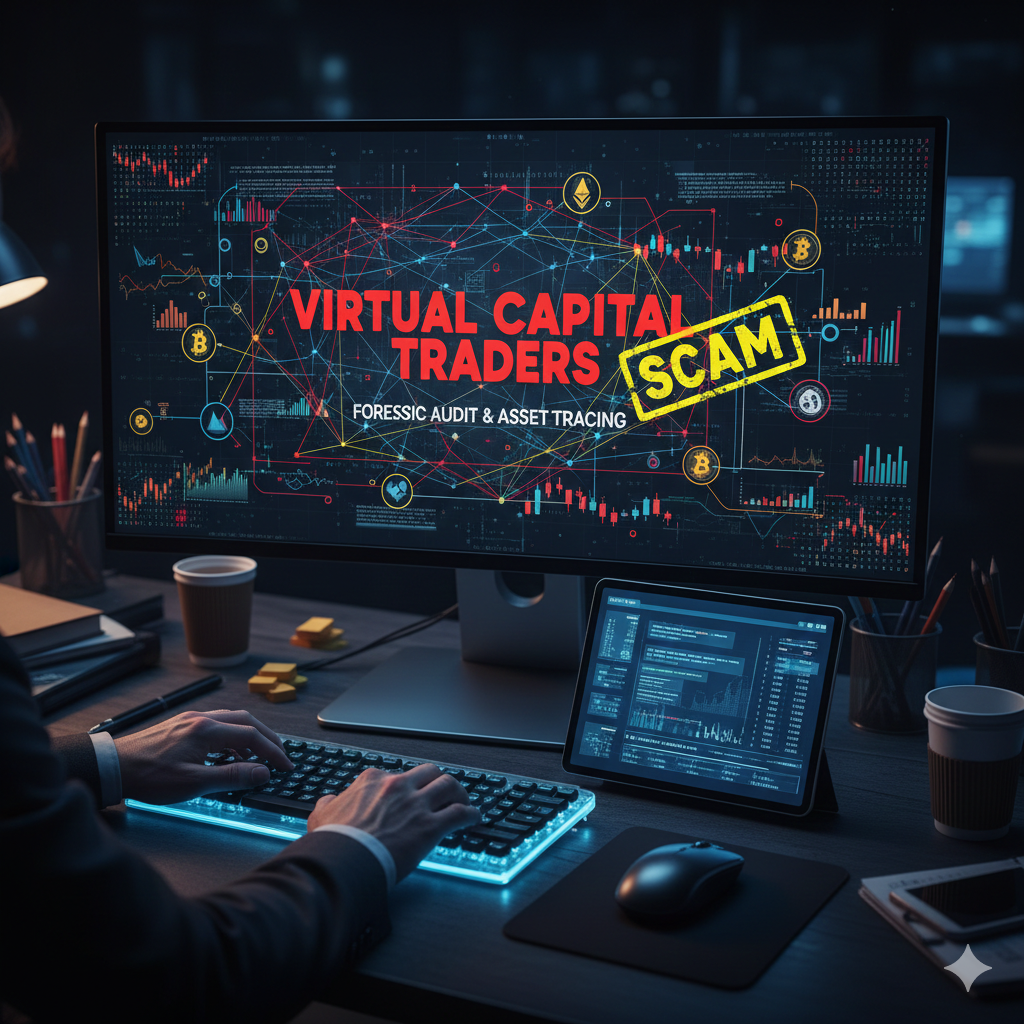 Virtual Capital Traders Scam Audit: Exposed Prop Firm Fraud 9 Forensic blockchain tracing diagram exposing the funded account extortion mechanics of a virtual capital traders scam audit
