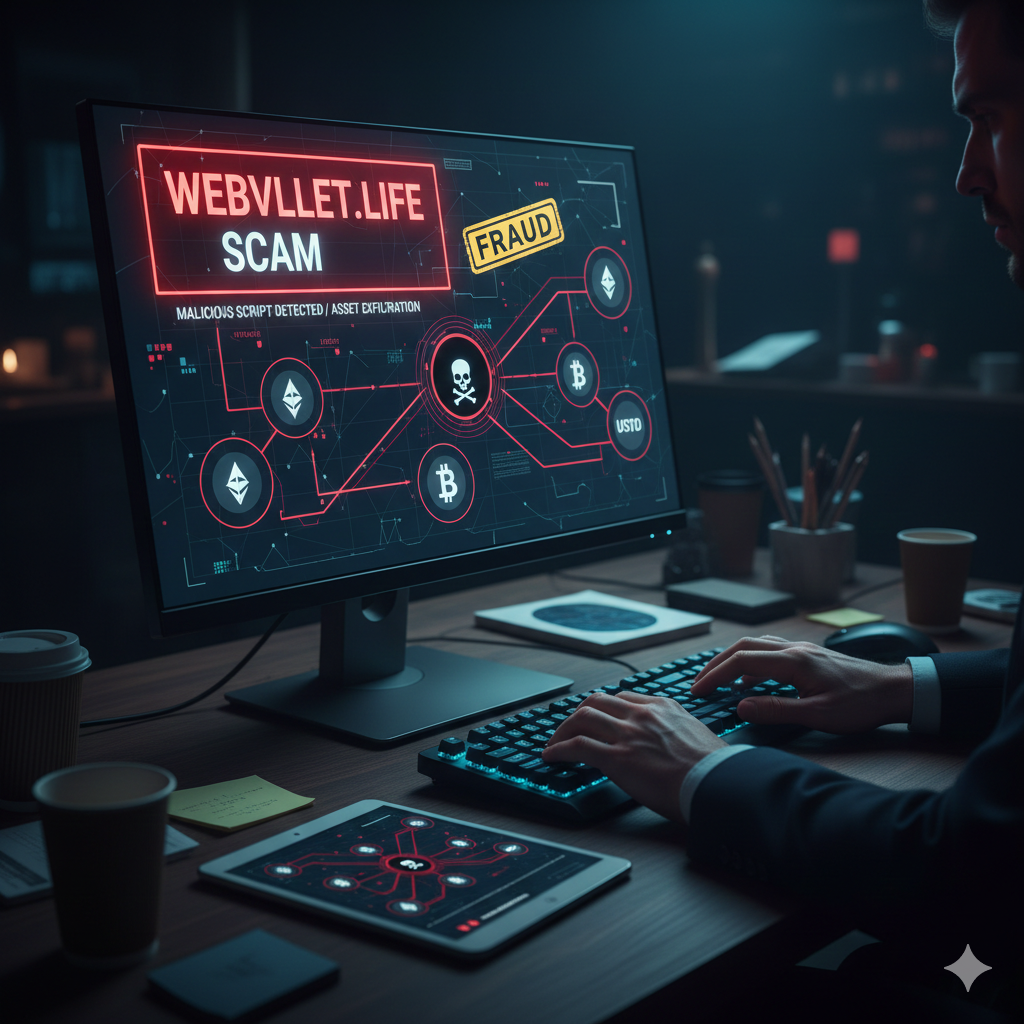Webvllet Life Scam Audit: Exposed Seed Phrase Extractor 5 Forensic blockchain tracing diagram exposing the JavaScript keylogger and gas tax extortion mechanics of a webvllet life scam