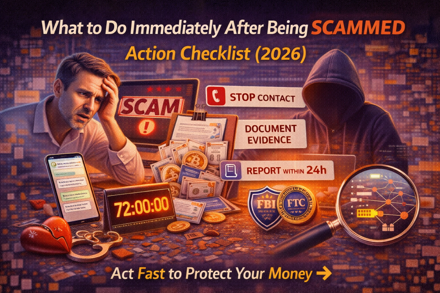 Forensic protocol flowchart detailing what to do immediately after being scammed