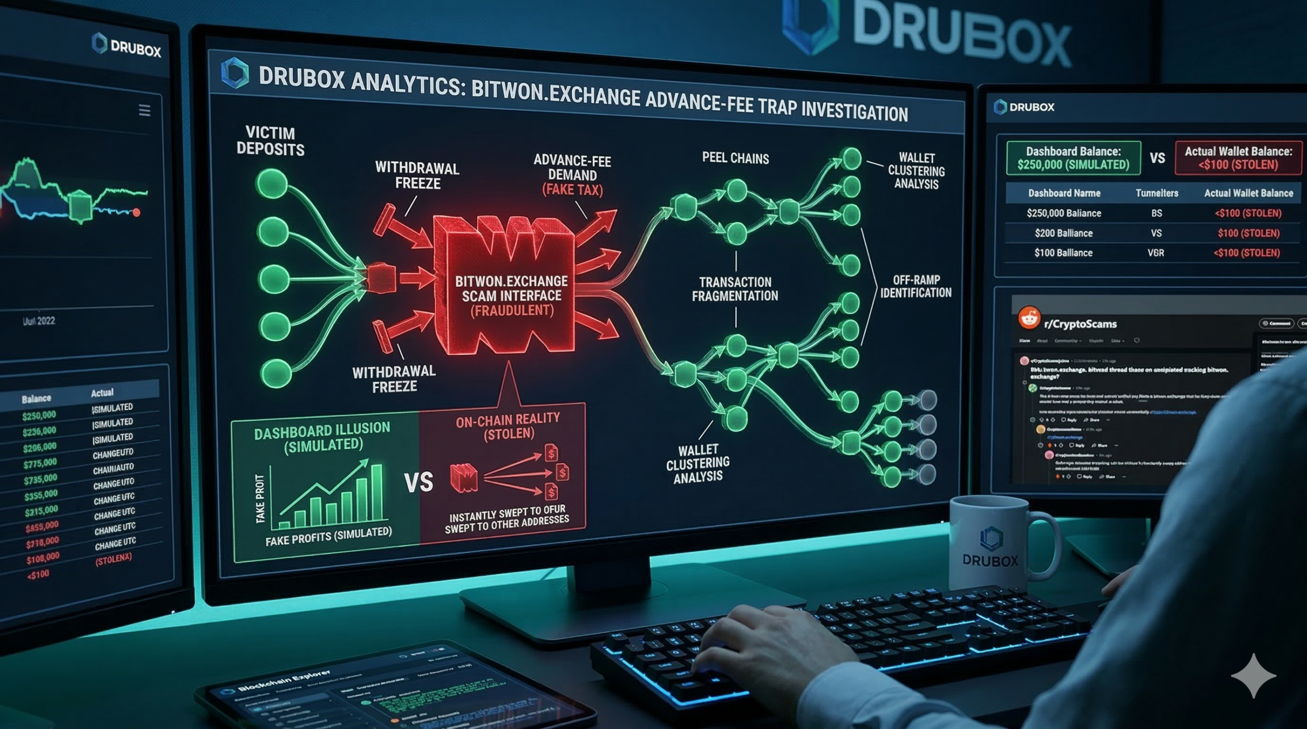 Forensic blockchain tracing diagram exposing the liquidity illusions and advance-fee extortion mechanics of a bitwon.exchange scam