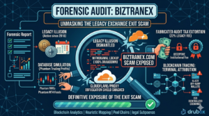 Forensic blockchain tracing diagram exposing the obfuscated proxy servers and legacy account verification tax extortion mechanics of a biztranex.com scam