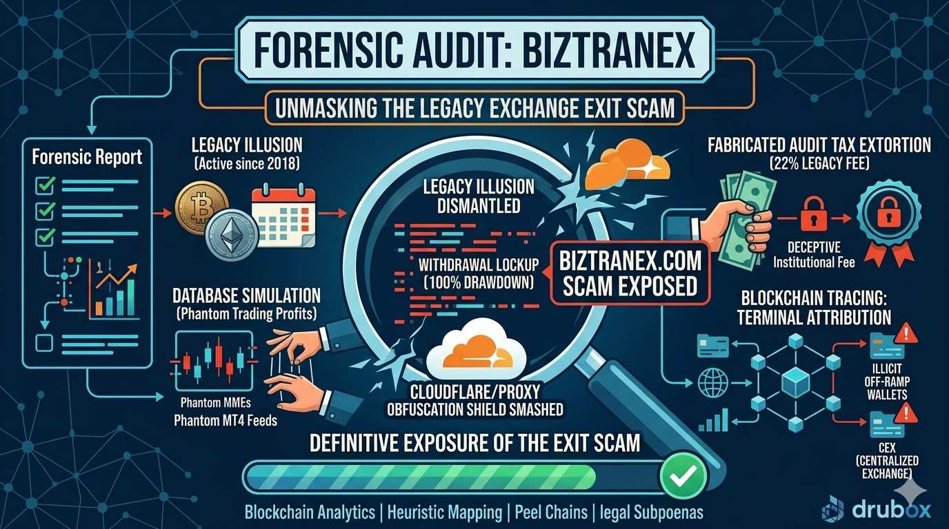 Forensic blockchain tracing diagram exposing the obfuscated proxy servers and legacy account verification tax extortion mechanics of a biztranex.com scam