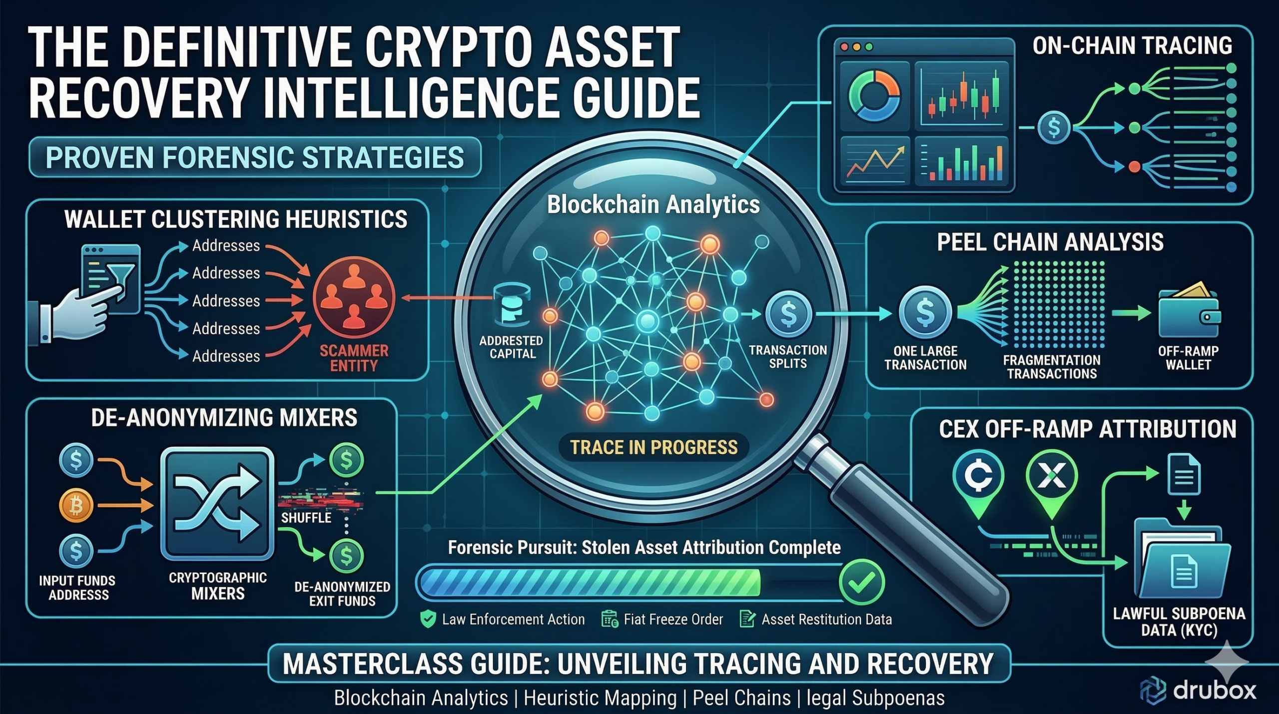 The Definitive Crypto Asset Recovery Intelligence Guide: Proven Forensic Strategies 4 Forensic blockchain tracing diagram illustrating advanced wallet clustering, peel chain analysis, and the legal subpoena process used in crypto asset recovery intelligence