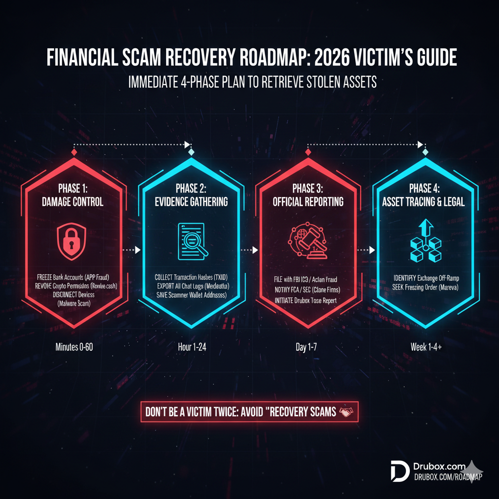 A technical diagram of the financial scam recovery roadmap phases, including containment, evidence preservation, and forensic mapping.