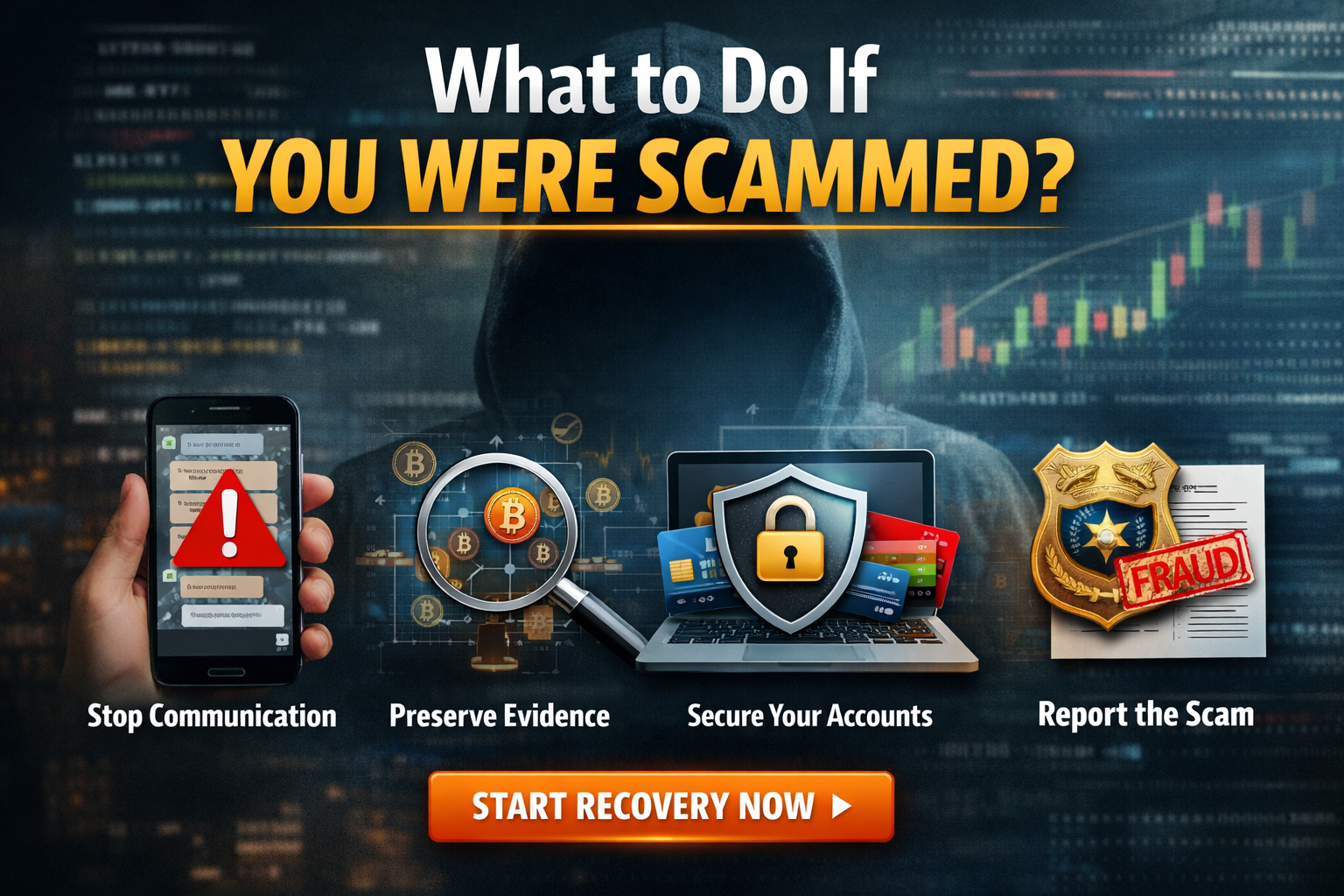 Forensic blockchain diagram illustrating the incident response steps for what to do if you were scammed