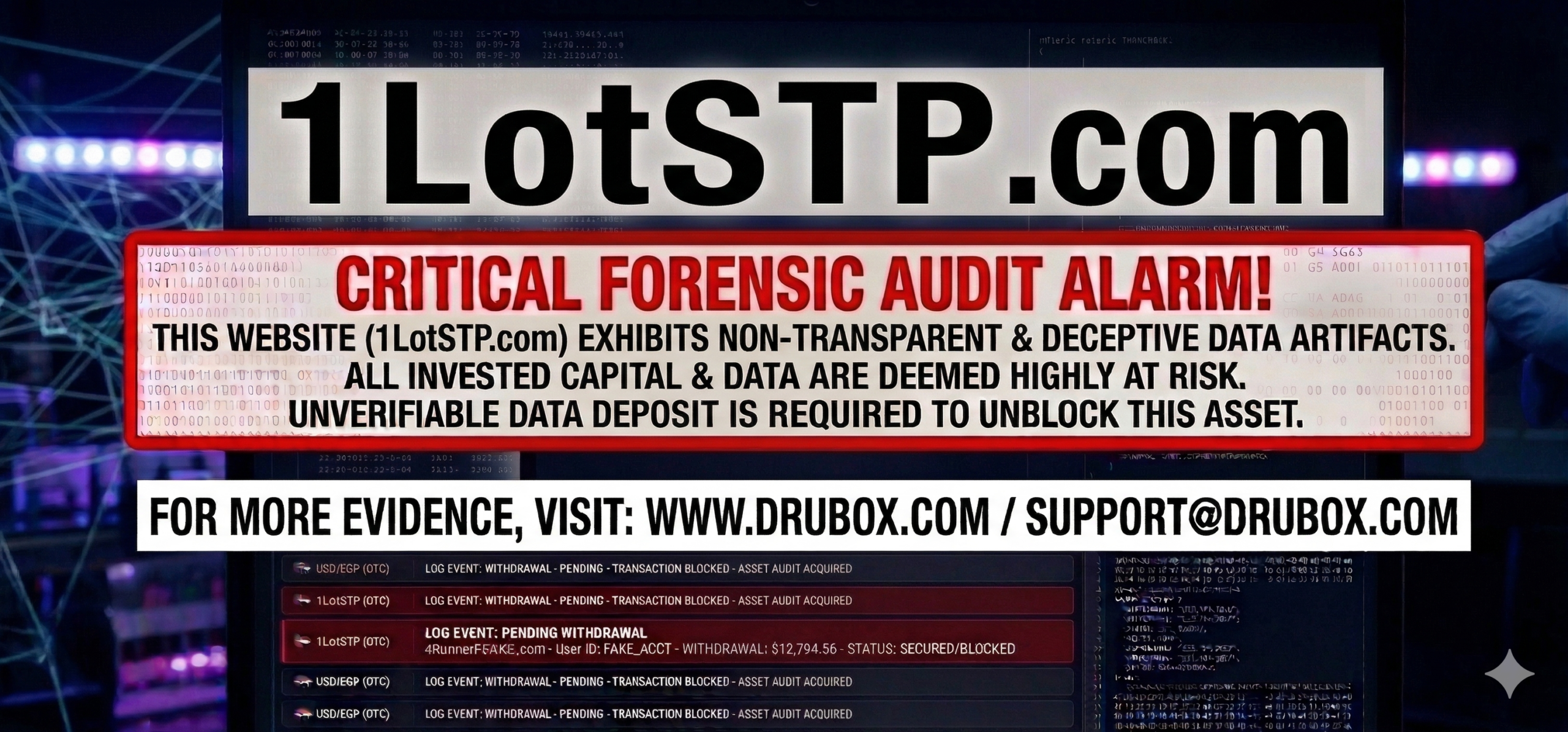 Forensic diagram outlining the simulated trading dashboard and endless compliance withdrawal freeze mechanics utilized in the 1LotSTP.com scam.