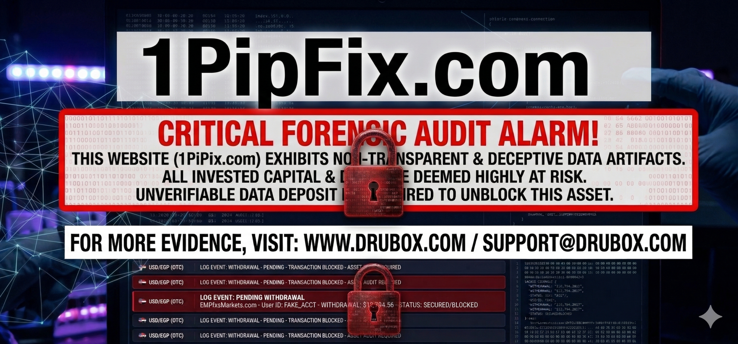 Forensic diagram outlining the simulated MT4 trading dashboard and endless compliance withdrawal freeze mechanics utilized in the 1PipFix.com scam.