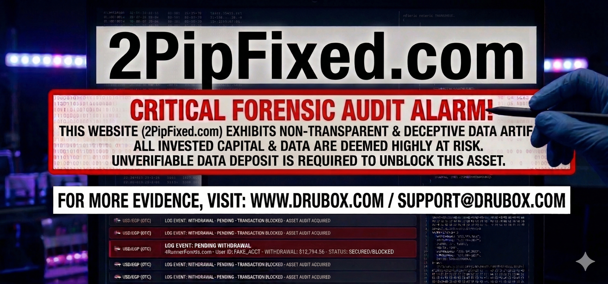 Forensic diagram outlining the simulated MT4 trading dashboard and endless compliance withdrawal freeze mechanics utilized in the 2PipFixed.com scam.