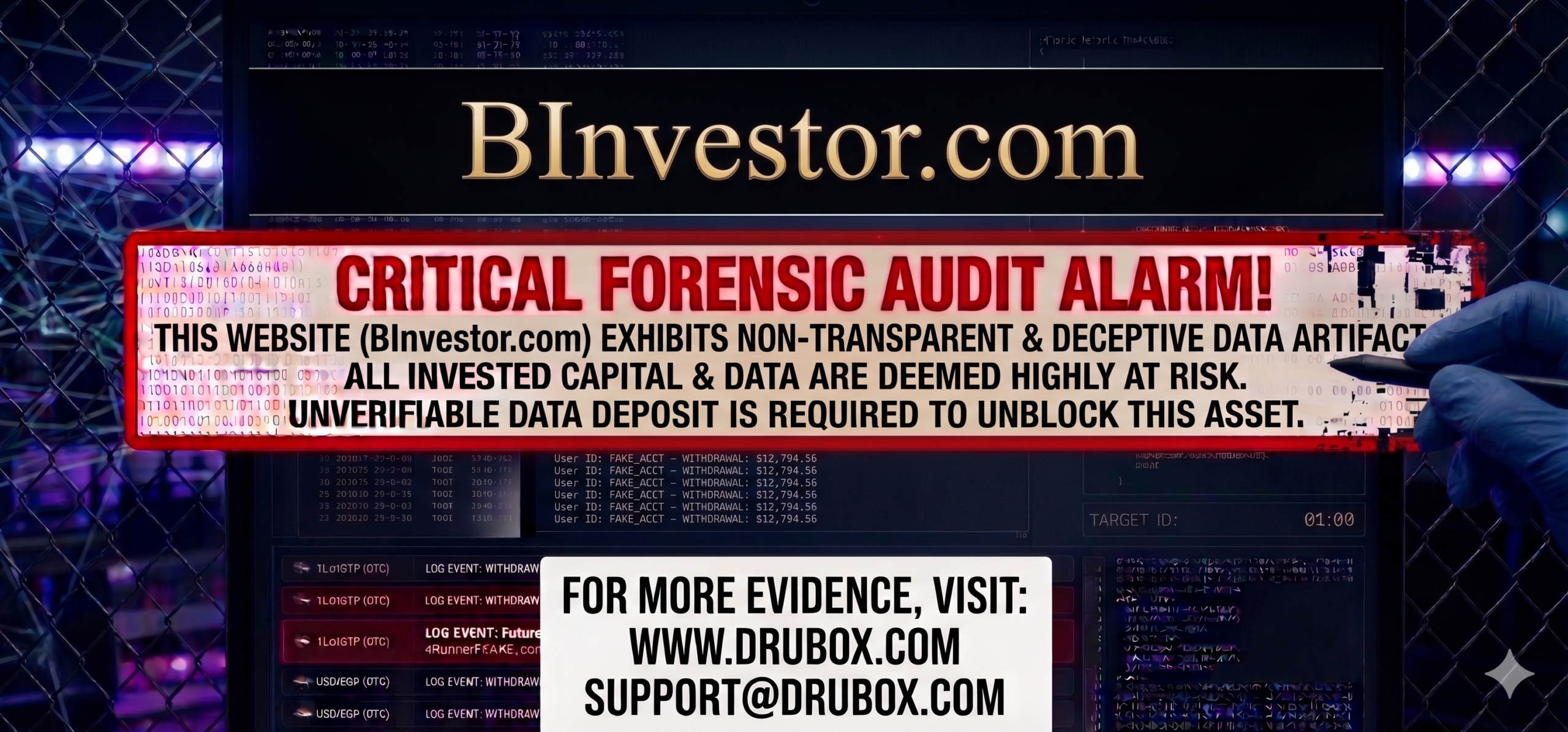 Forensic diagram outlining the simulated MT4 trading dashboard and endless compliance withdrawal freeze mechanics utilized in the BInvestor.com scam.