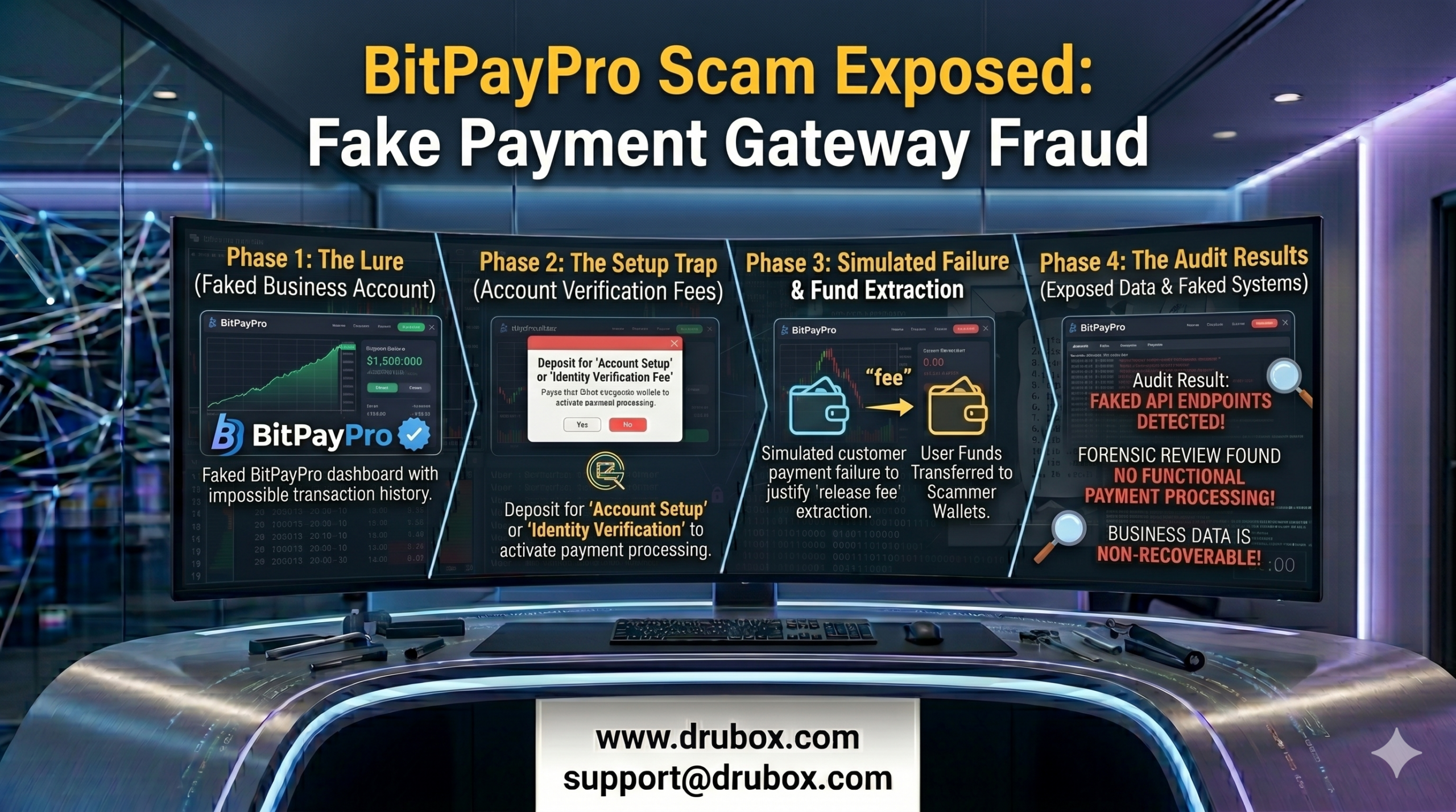 Forensic diagram illustrating the infrastructure of the BitPayPro scam, showing how the fake escrow interface diverts cryptocurrency deposits into unregulated offshore wallets.