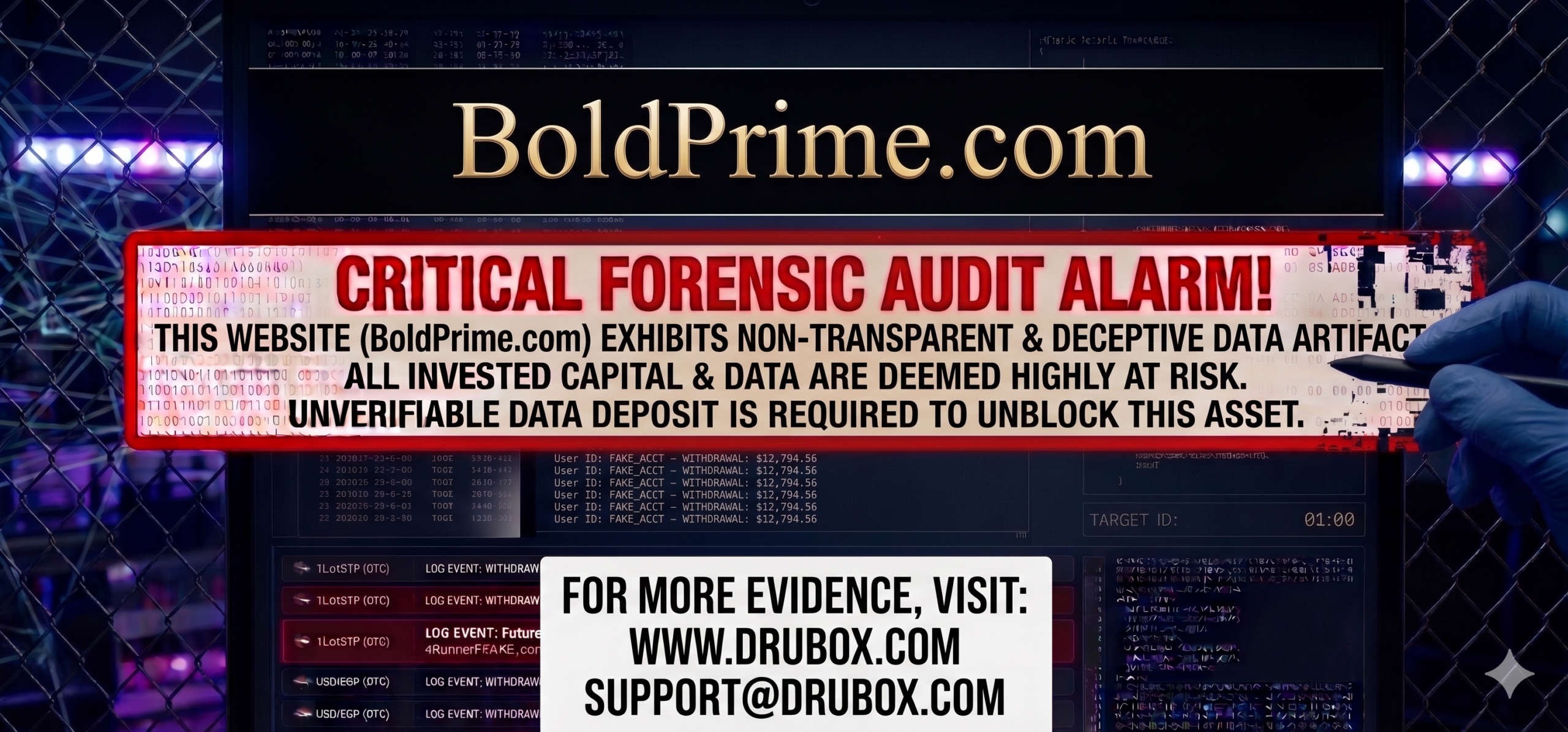 Forensic diagram outlining the simulated MT4 trading dashboard and endless compliance withdrawal freeze mechanics utilized in the BoldPrime.com scam.