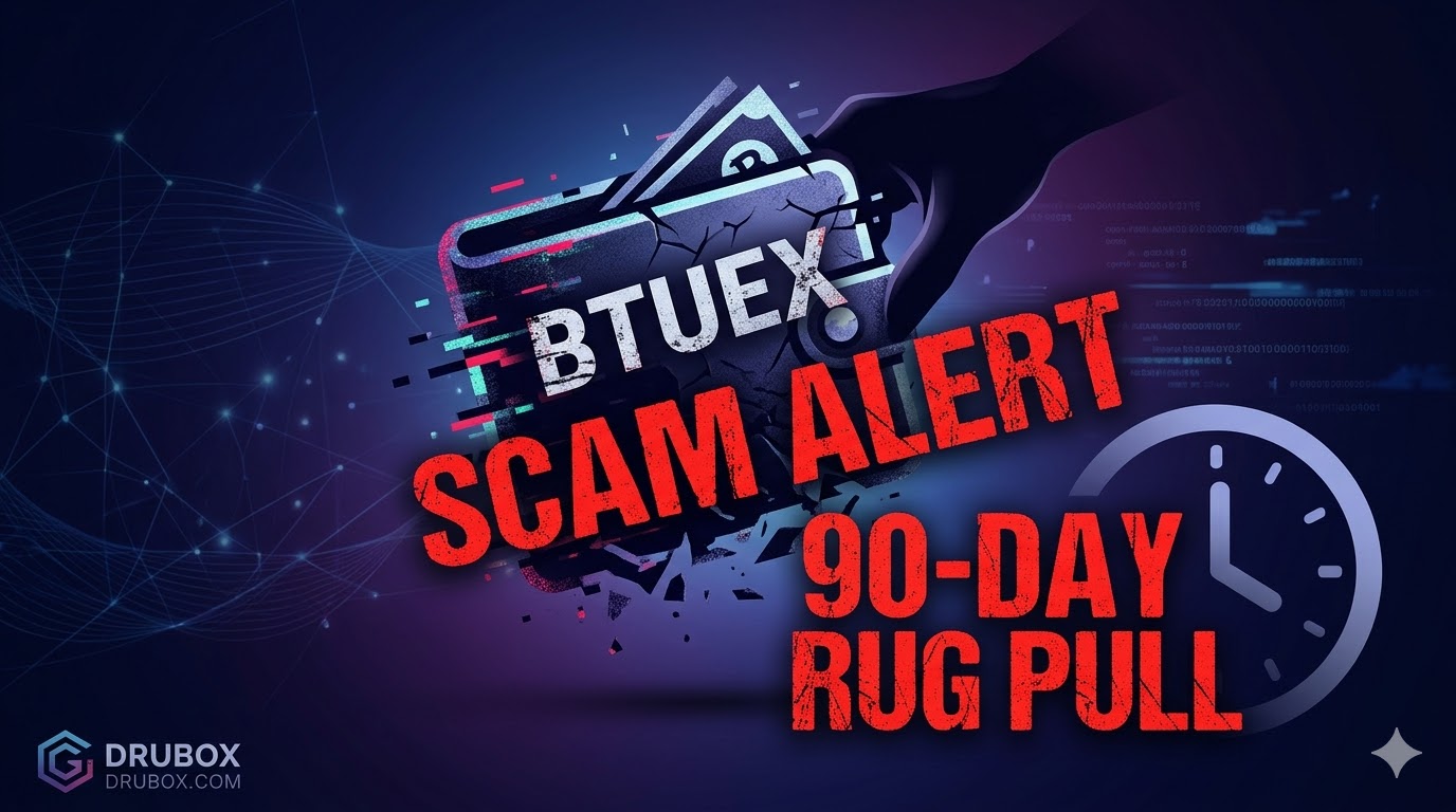 Forensic flow diagram illustrating the mechanics of the Btuex platform scam, showing how fake investment groups use bots to funnel victims into a 90-day trap.