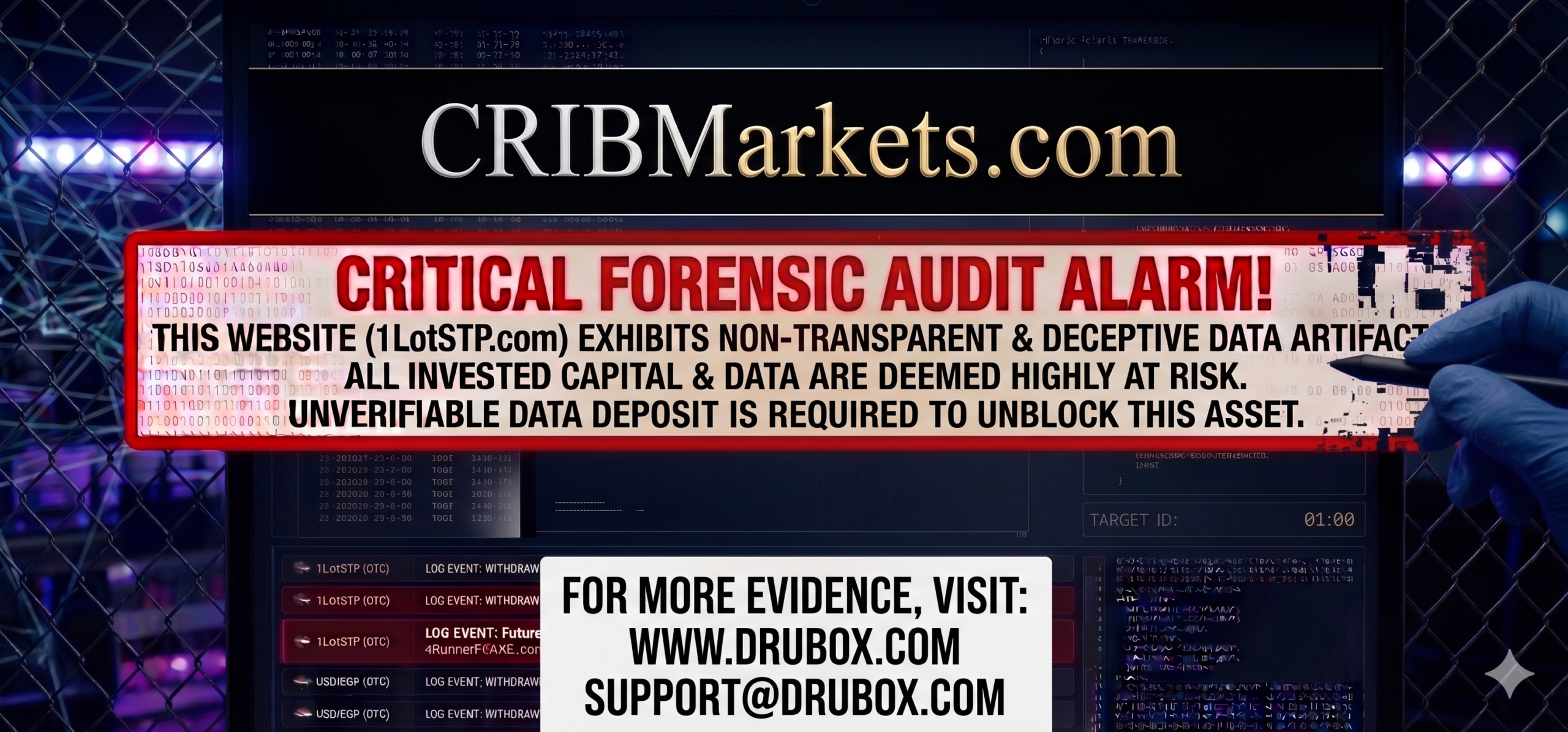 Forensic diagram outlining the simulated MT4 trading dashboard and endless compliance withdrawal freeze mechanics utilized in the CRIBMarkets.com scam.
