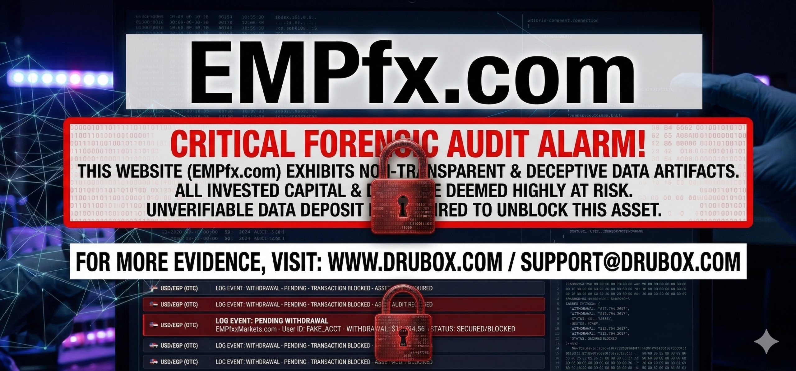 Forensic diagram outlining the simulated MT4 trading dashboard and endless compliance withdrawal freeze mechanics utilized in the EMPfx.com scam.