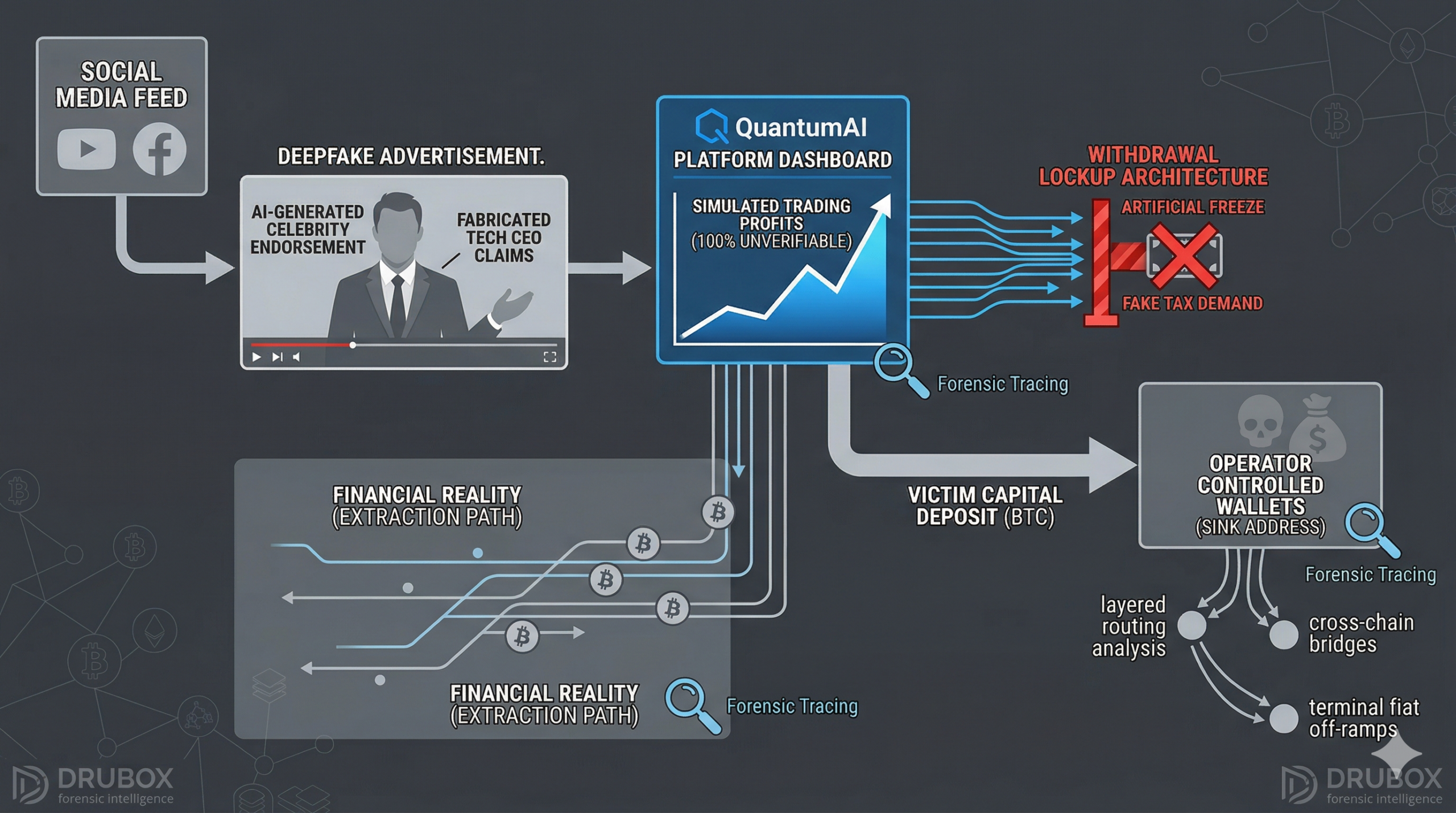 Forensic diagram outlining the capital extraction mechanics and artificial dashboard deployed in the QuantumAI trading bot scam.
