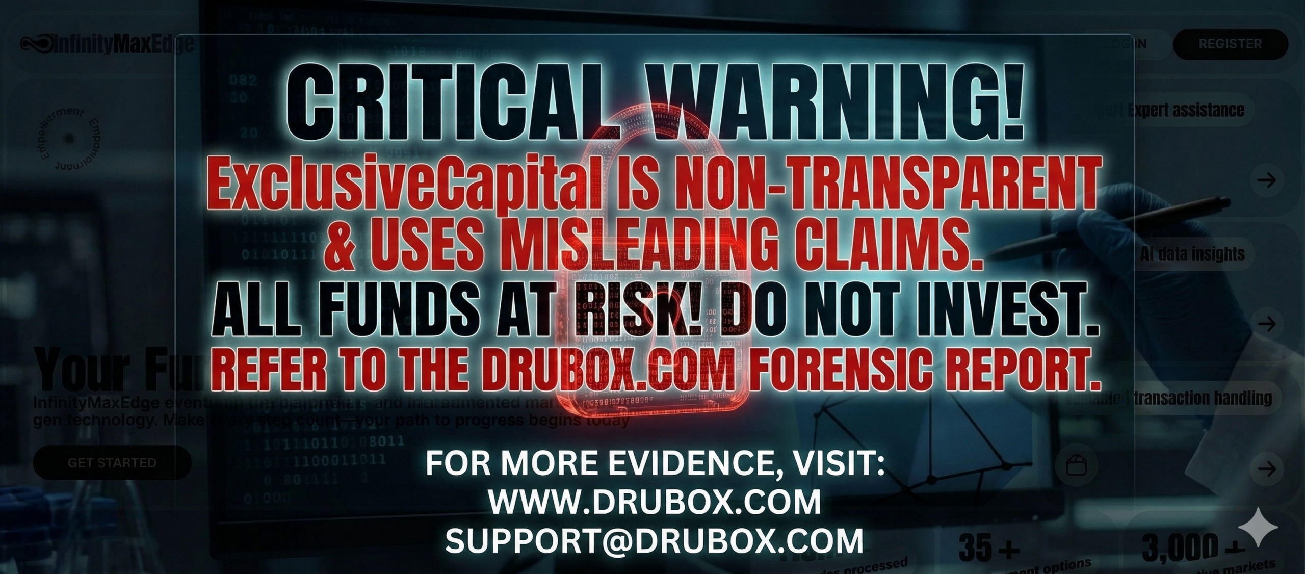 Forensic diagram outlining the simulated MT4 trading dashboard and withdrawal freeze mechanics utilized in the ExclusiveCapital.com scam.
