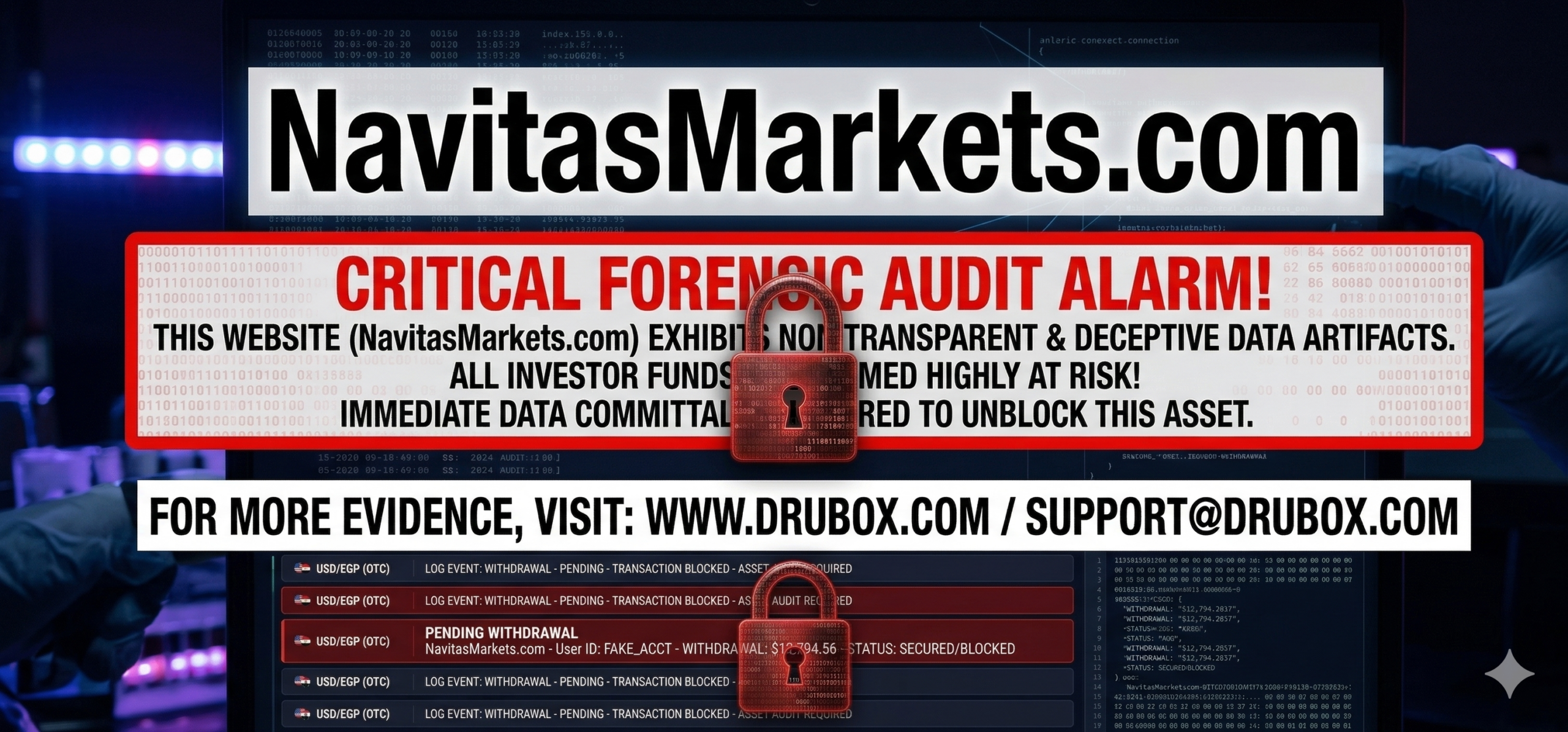 Forensic diagram outlining the simulated trading dashboard and endless compliance withdrawal freeze mechanics utilized in the NavitasMarkets.com scam.