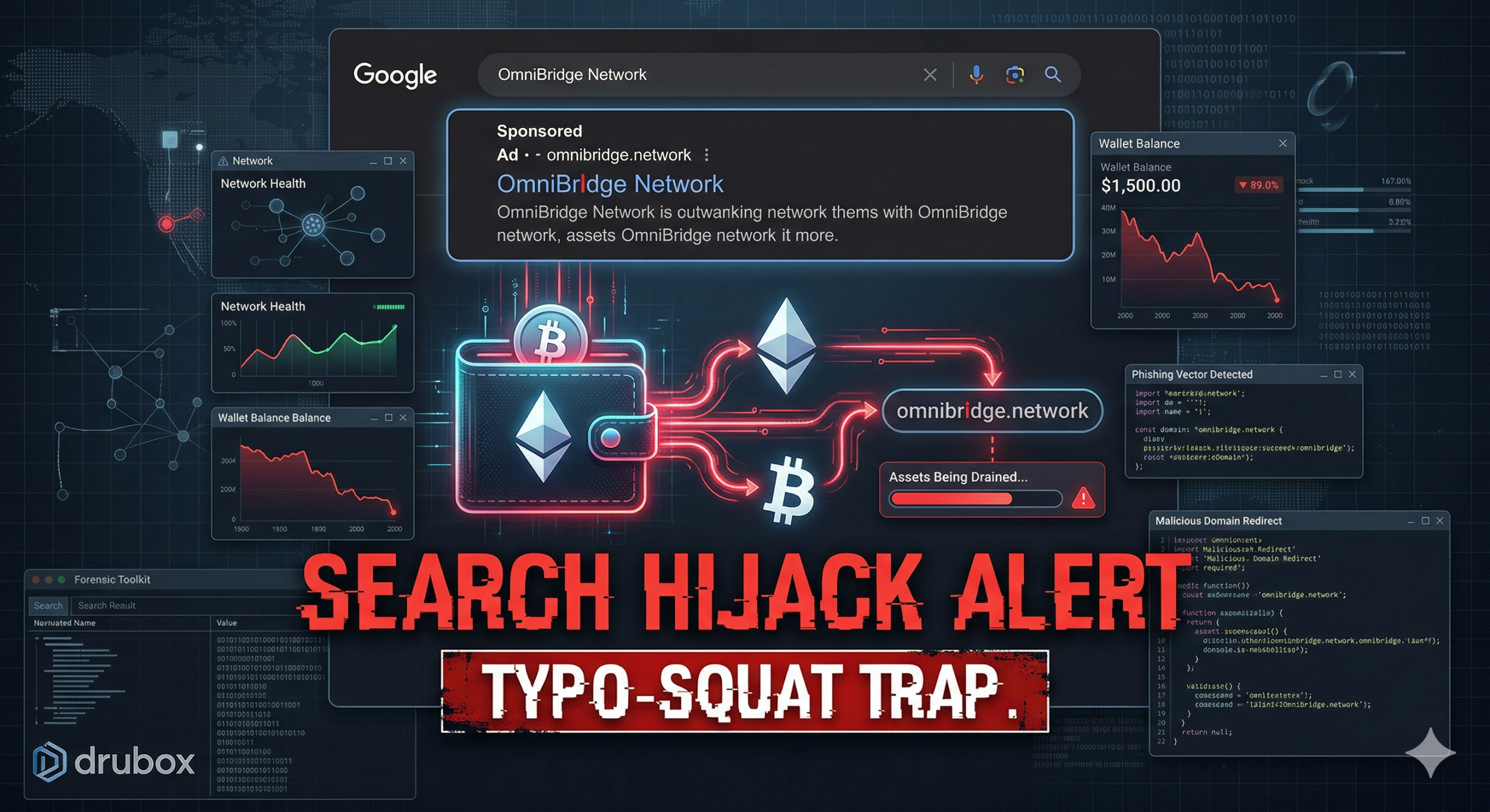 Forensic flow diagram illustrating the search engine hijacking and malicious smart contract mechanics of the omnibrldge.network scam.