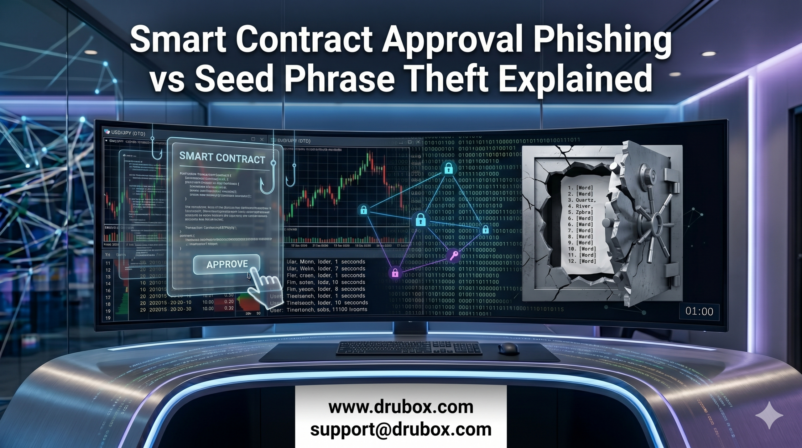 Forensic graphic comparing a stolen physical seed phrase to a malicious smart contract approval phishing signature request on a digital Web3 wallet interface.
