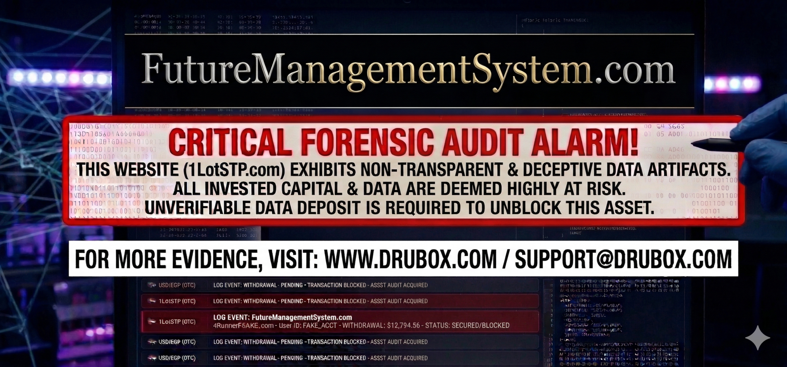 Forensic diagram outlining the simulated wealth management dashboard and endless compliance withdrawal freeze mechanics utilized in the FutureManagementSystem.com scam.