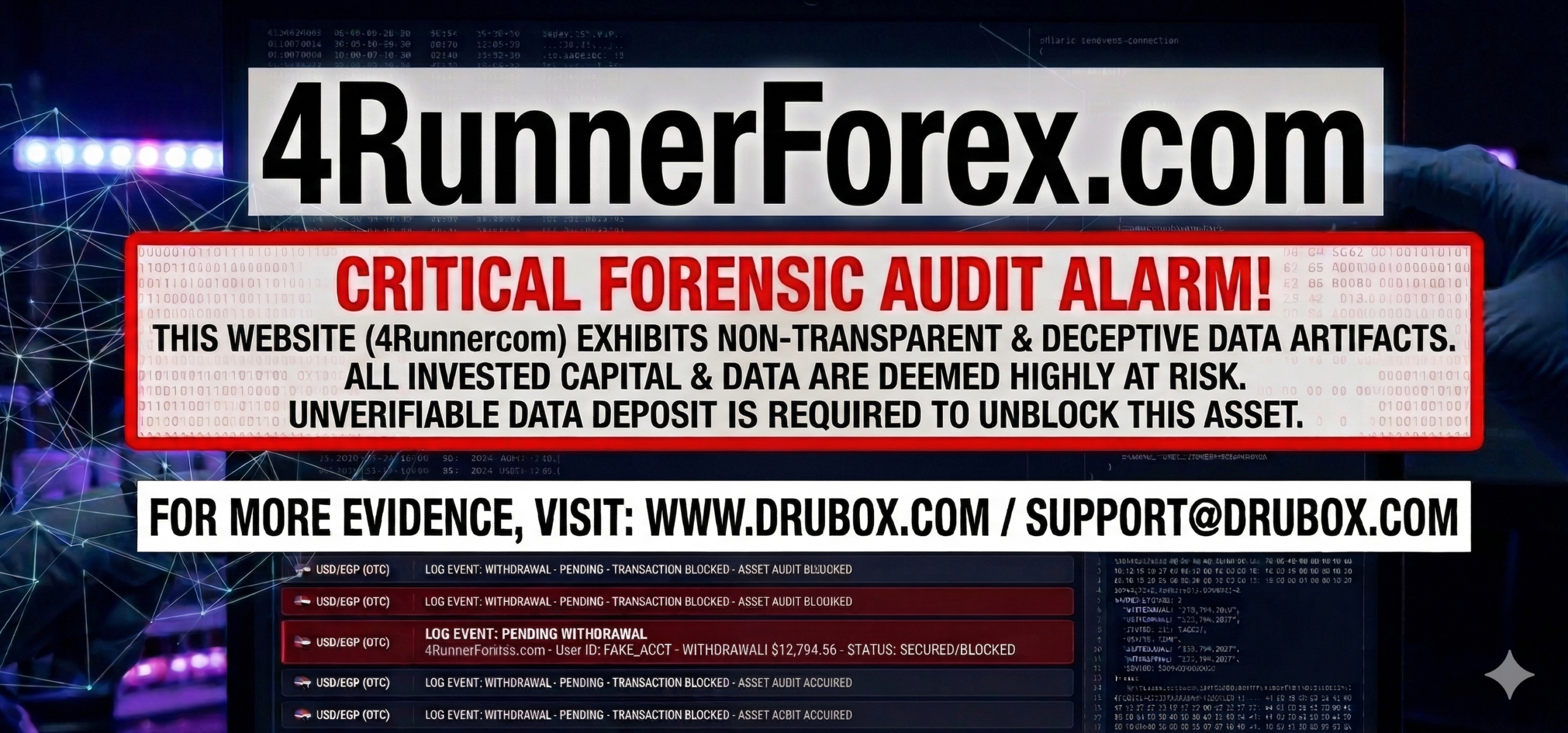 Forensic diagram outlining the simulated MT4 trading dashboard and endless compliance withdrawal freeze mechanics utilized in the 4RunnerForex.com scam.