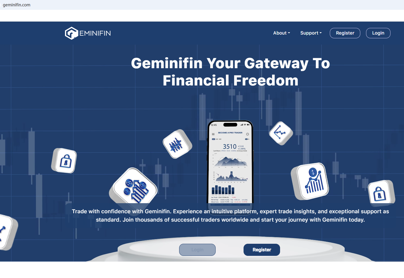 Forensic network diagram exposing Geminifin's simulated trading interface and unverified offshore cryptocurrency routing.